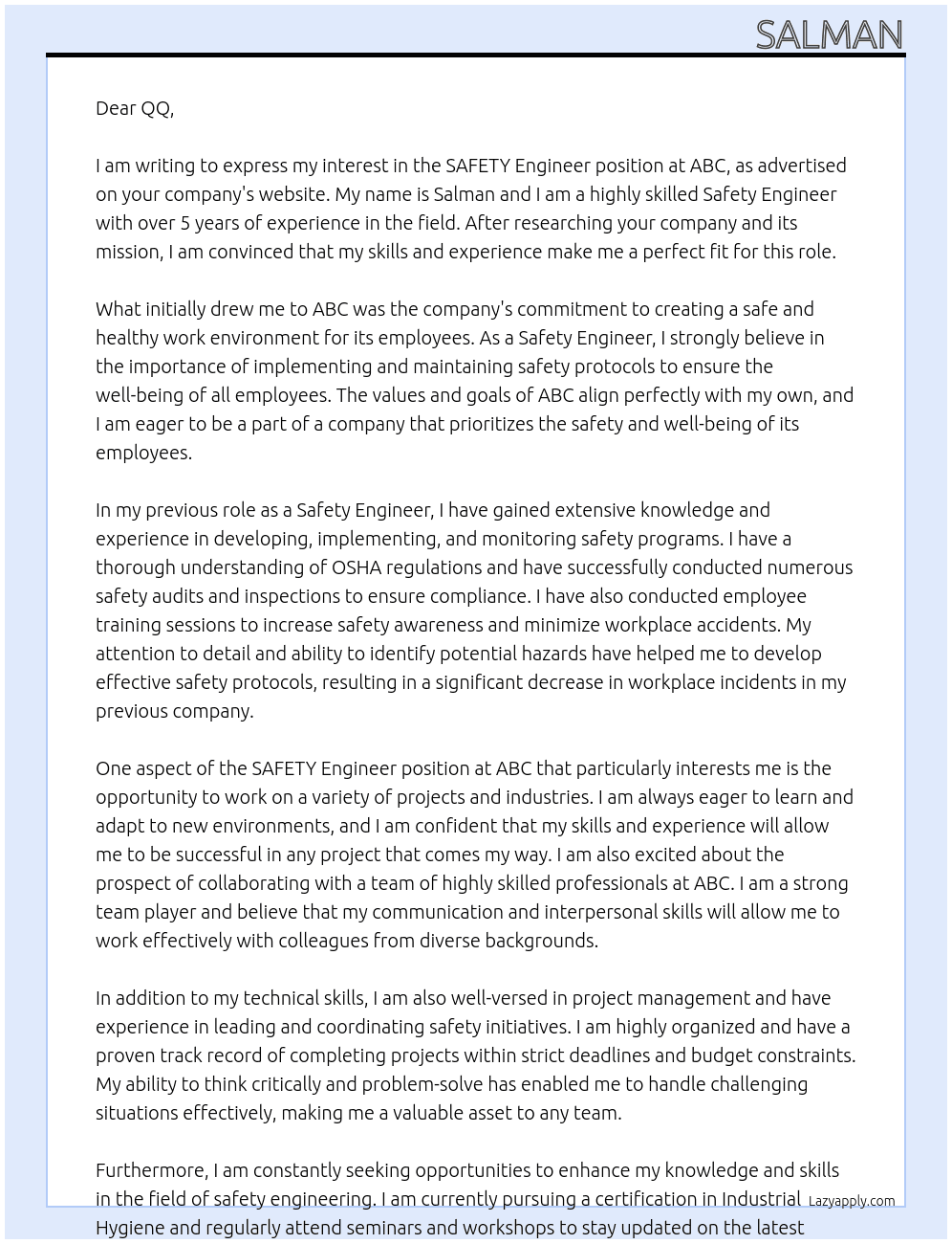 SAFETY engineer At ABC Cover Letter