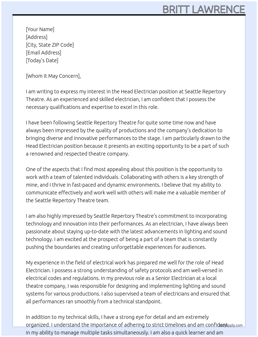 Head Electrician At Seattle Repertory Theatre Cover Letter