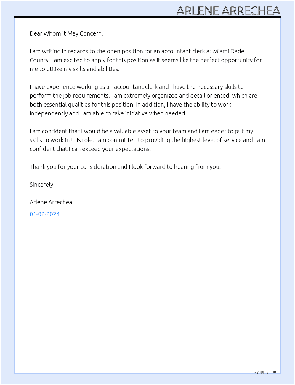 Accountant clerk At Miami Dade County Cover Letter