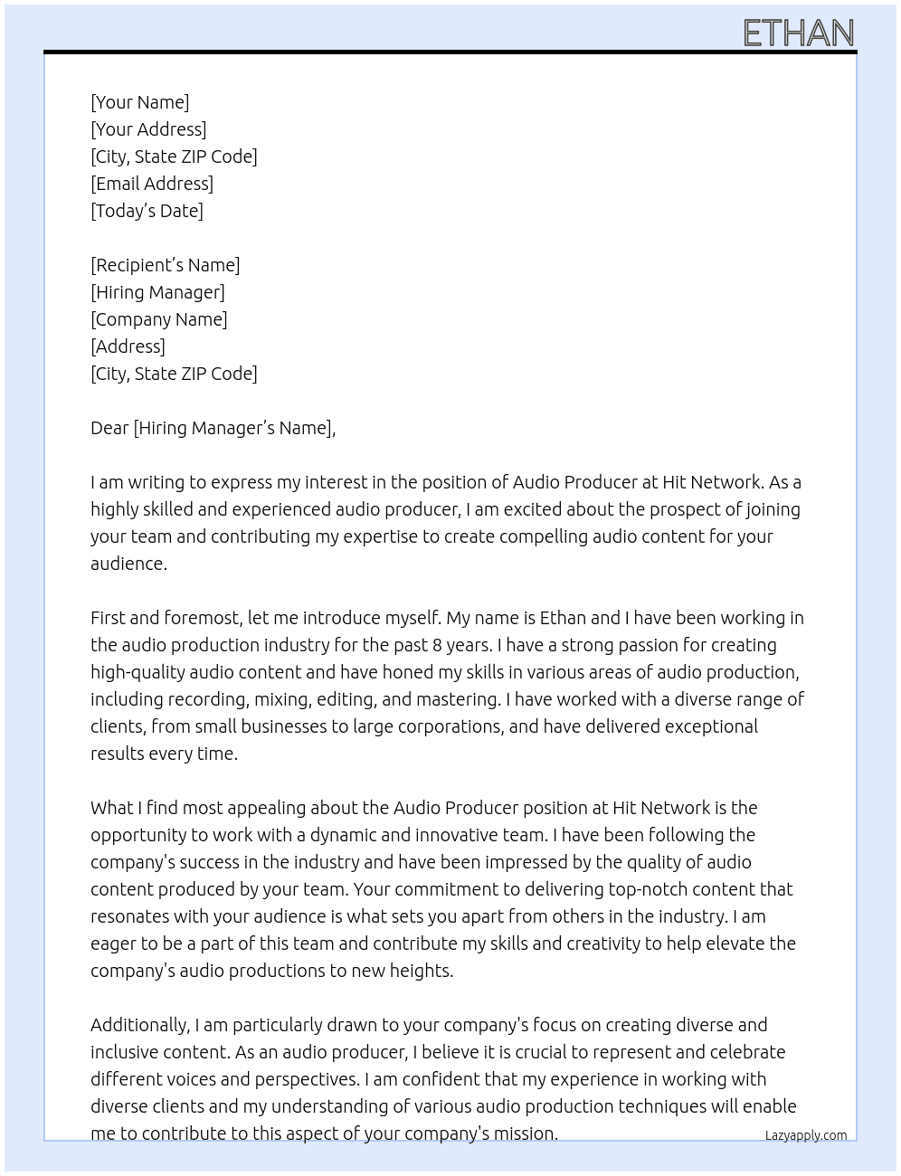 Audio Producer At Hit Network Cover Letter