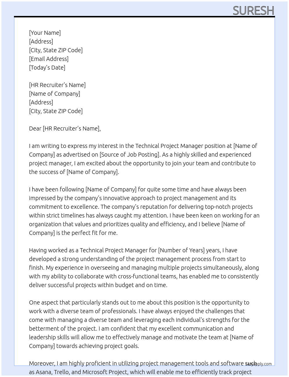 Technical Project Manager At xyz Cover Letter