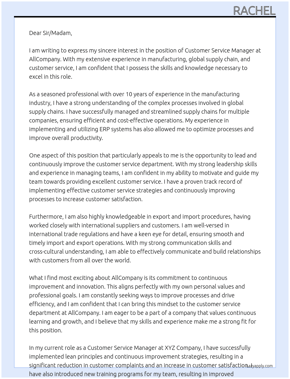 Customer Service Manager At AllCompany Cover Letter