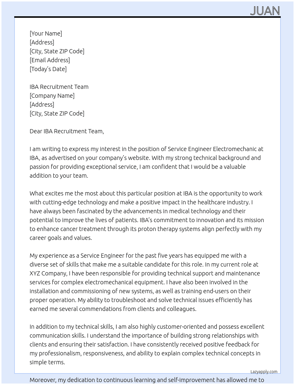 Service Engineer Electromechanic At IBA Cover Letter