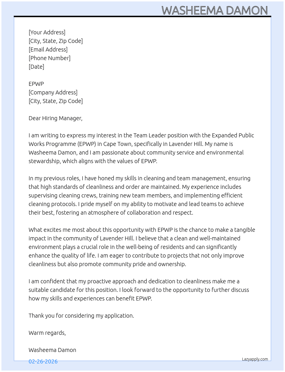 City of cape town EPWP  At EPWP  Cover Letter