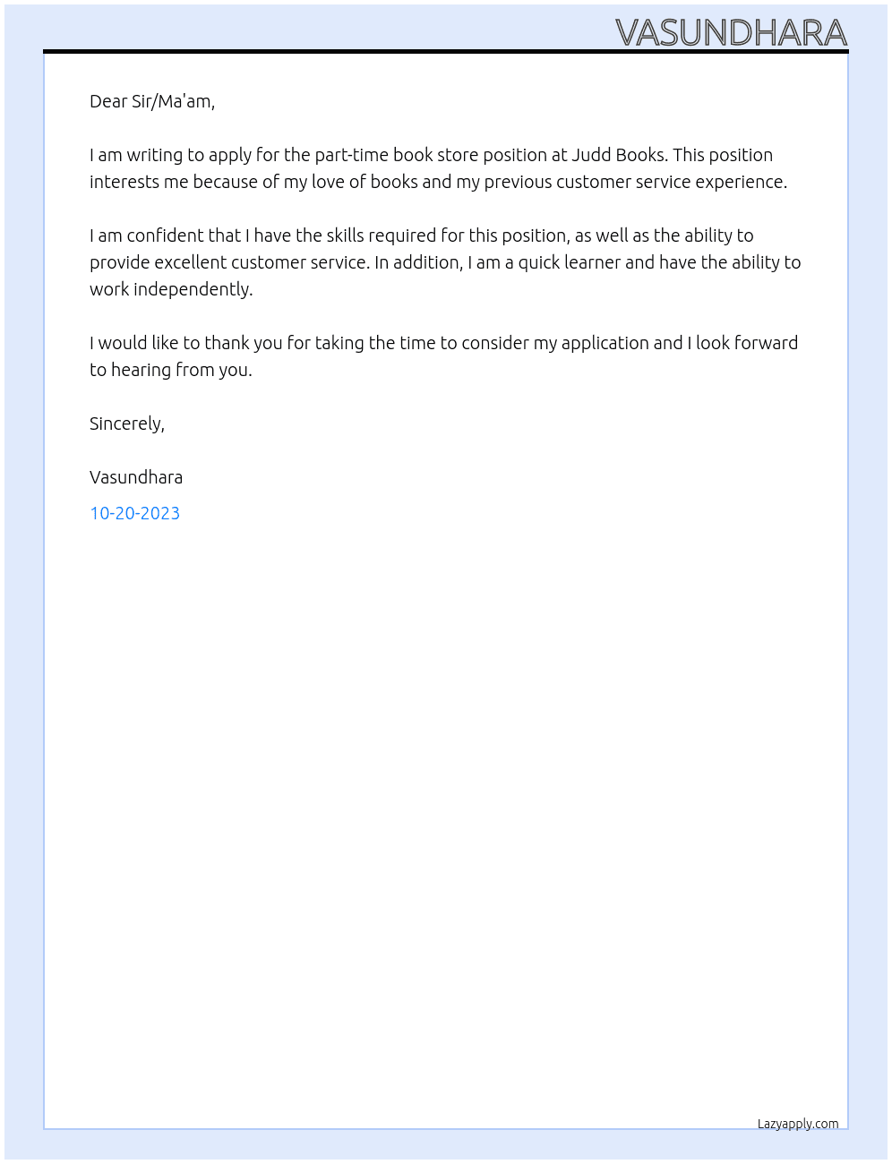 part time book store At Judd Books Cover Letter