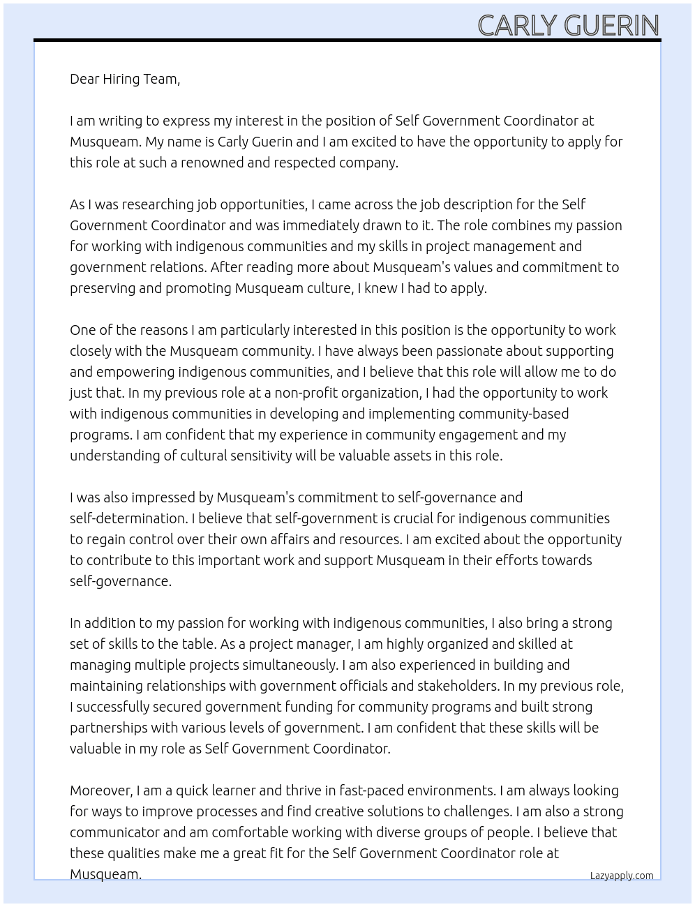 Self Government Coordinator At Musqueam Cover Letter