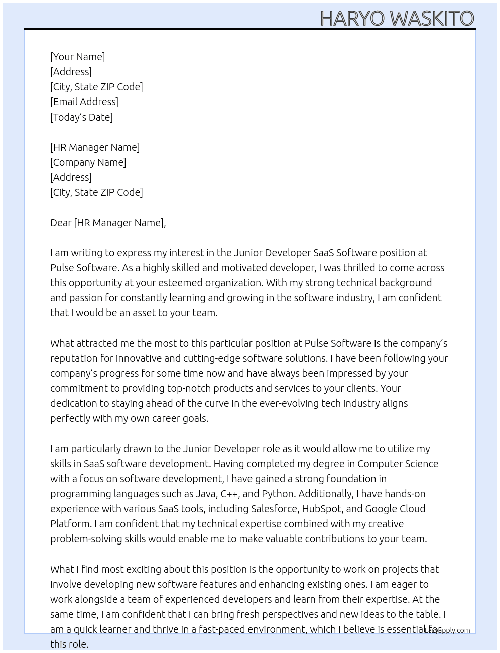 Junior Developer SaaS Software At Pulse Software Cover Letter