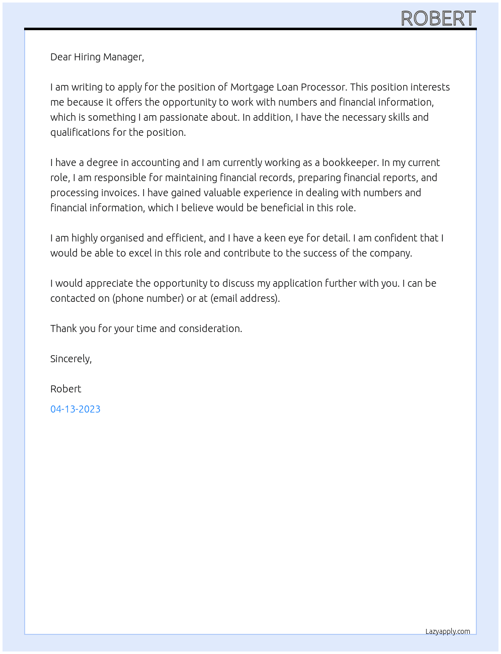 Mortgage Loan Processor At Unknown Cover Letter