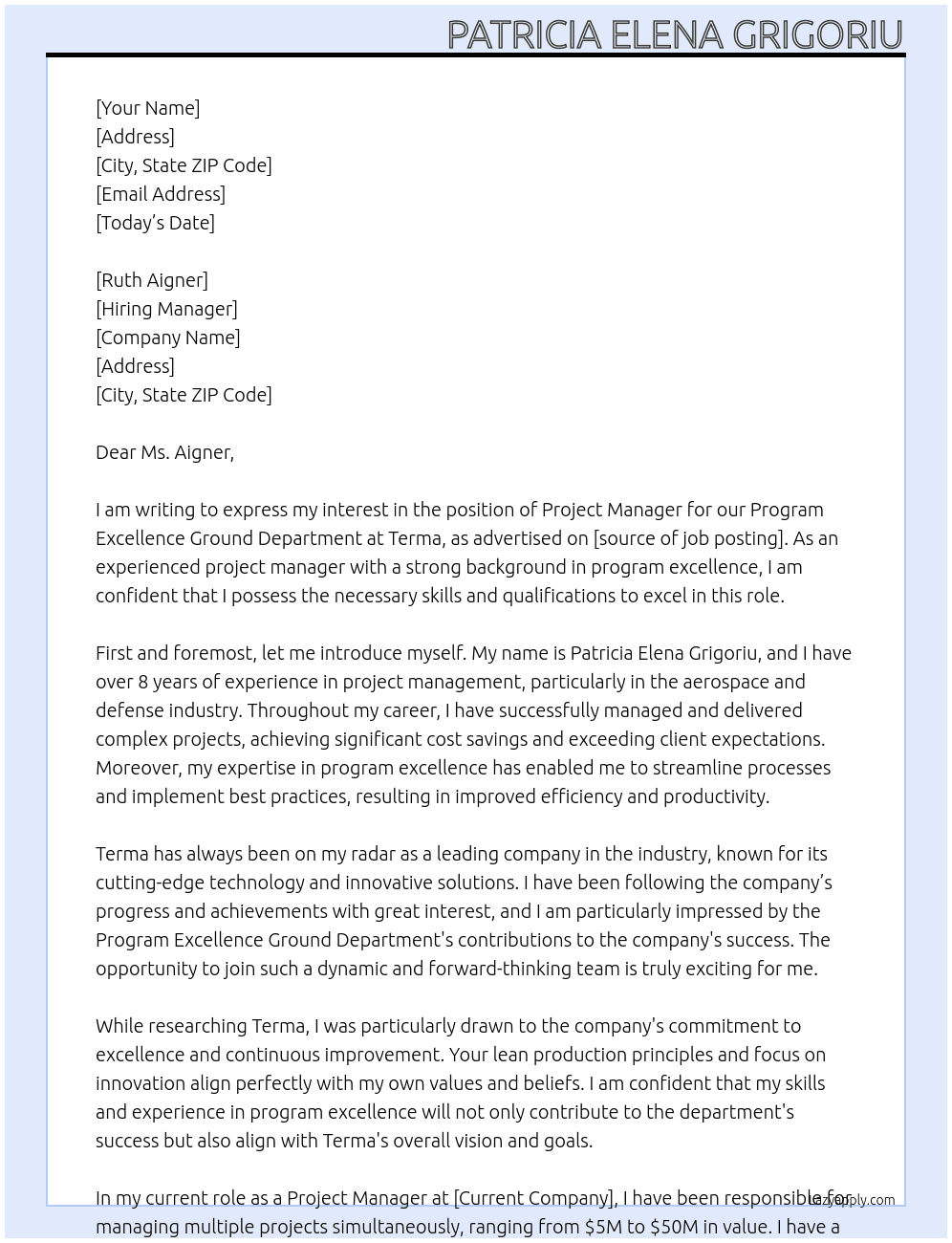 PROJECT MANAGER FOR OUR PROGRAM EXCELLENCE GROUND DEPARTMENT At Terma Cover Letter