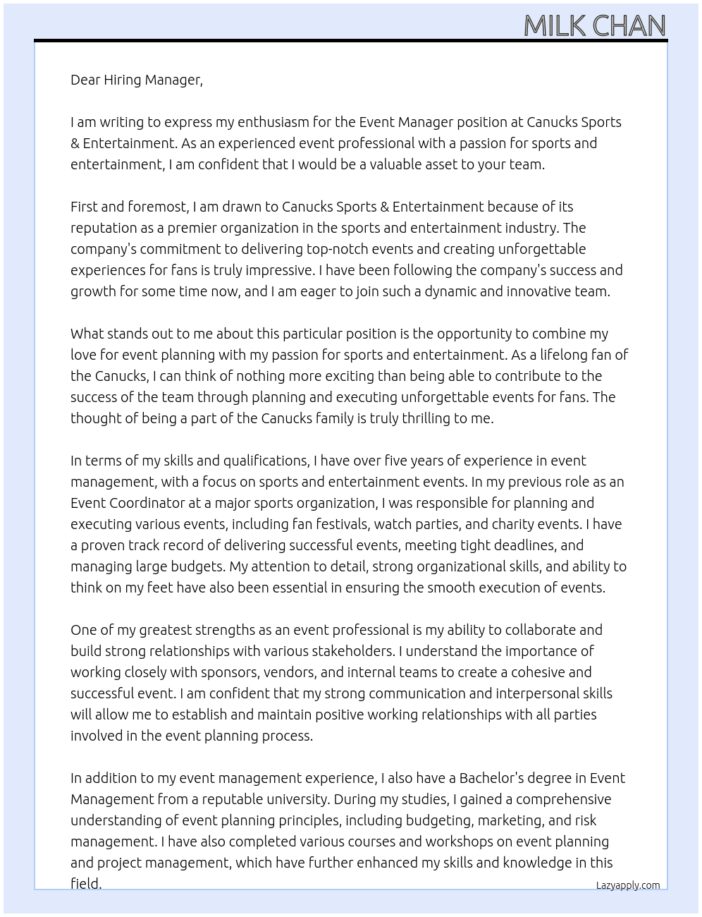Event Manager At Canucks Sports & Entertainment Cover Letter