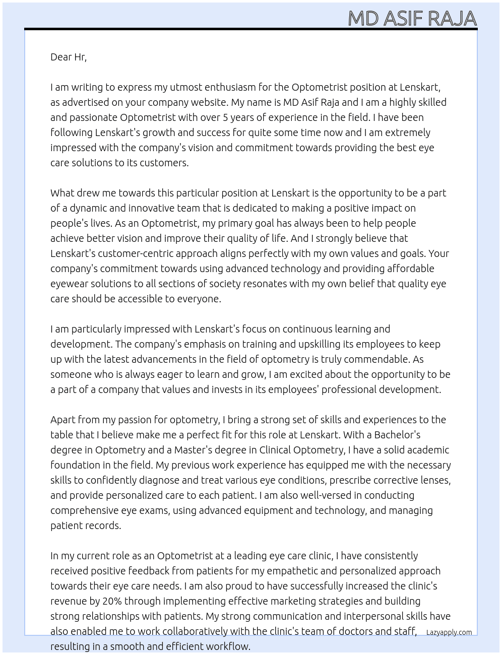 Optometrist At Lenskart Cover Letter