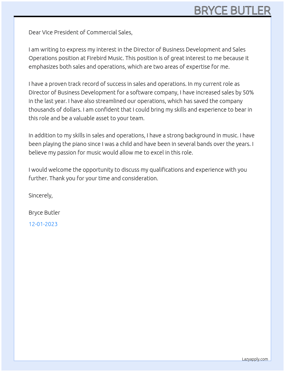 Director of Business Development and Sales Operations At Firebird Music Cover Letter