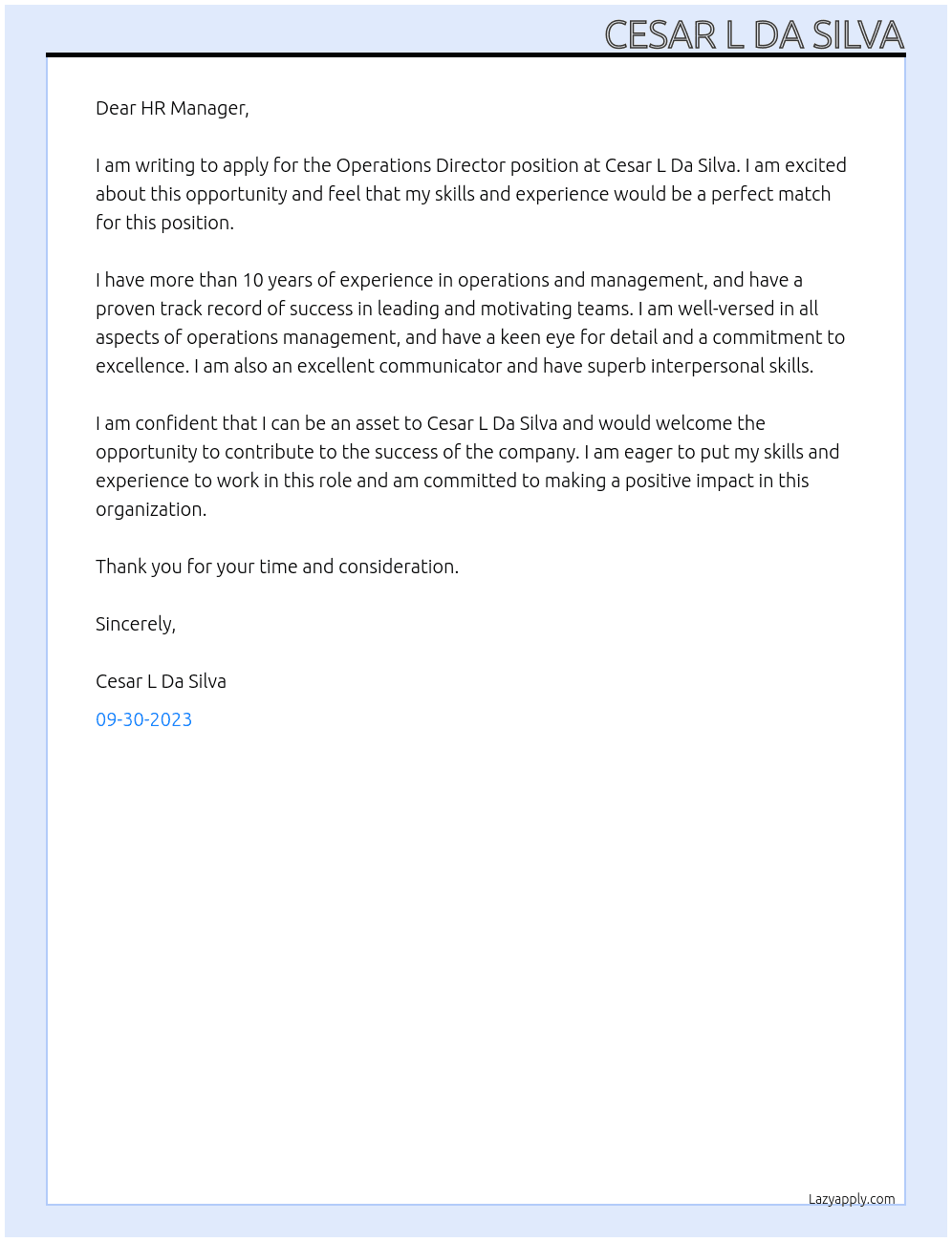 Operations Director At Cesar L Da Silva Cover Letter