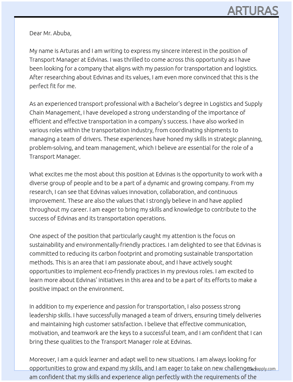 Transport manager At Edvinas Cover Letter