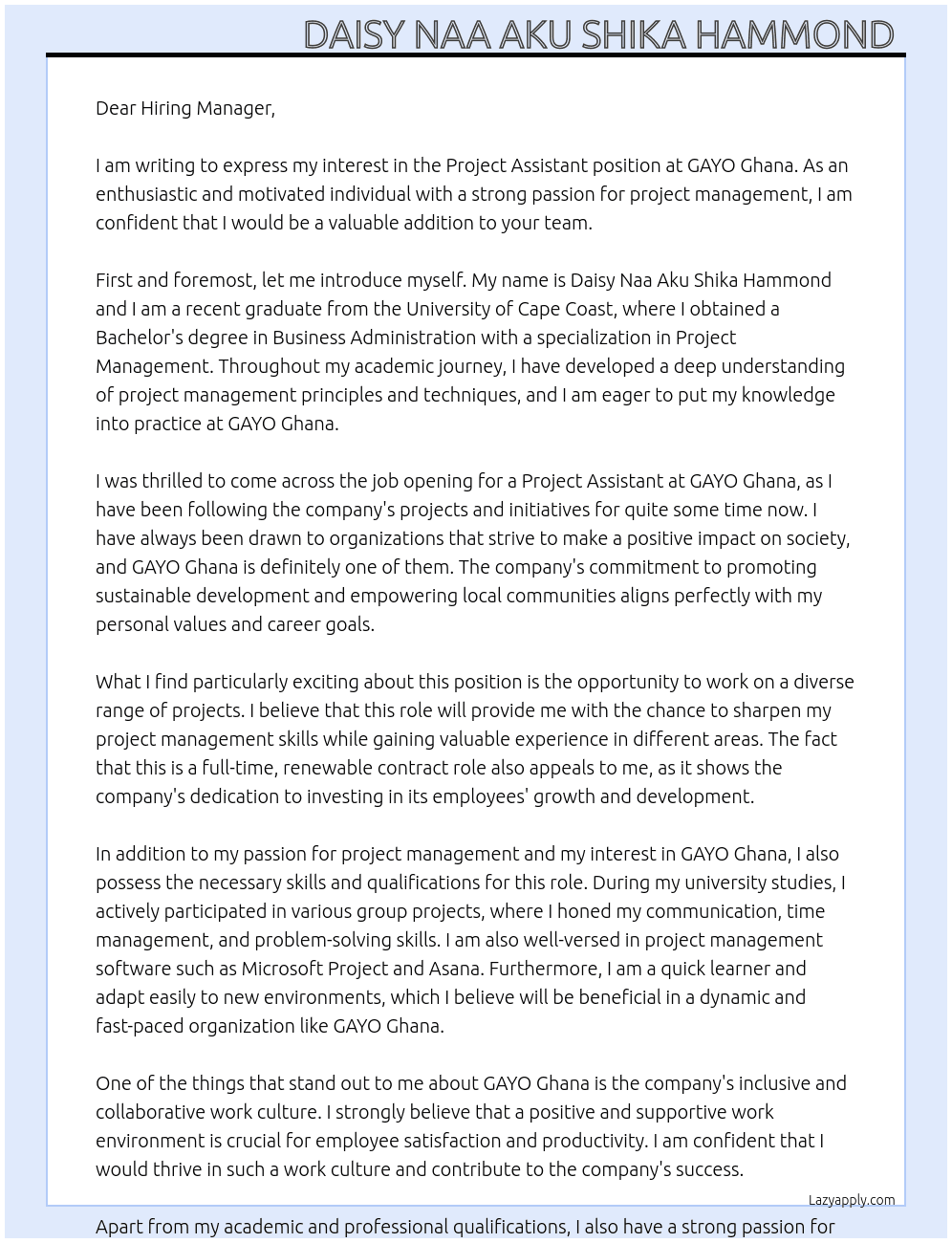Project Assistant  At GAYO Ghana  Cover Letter