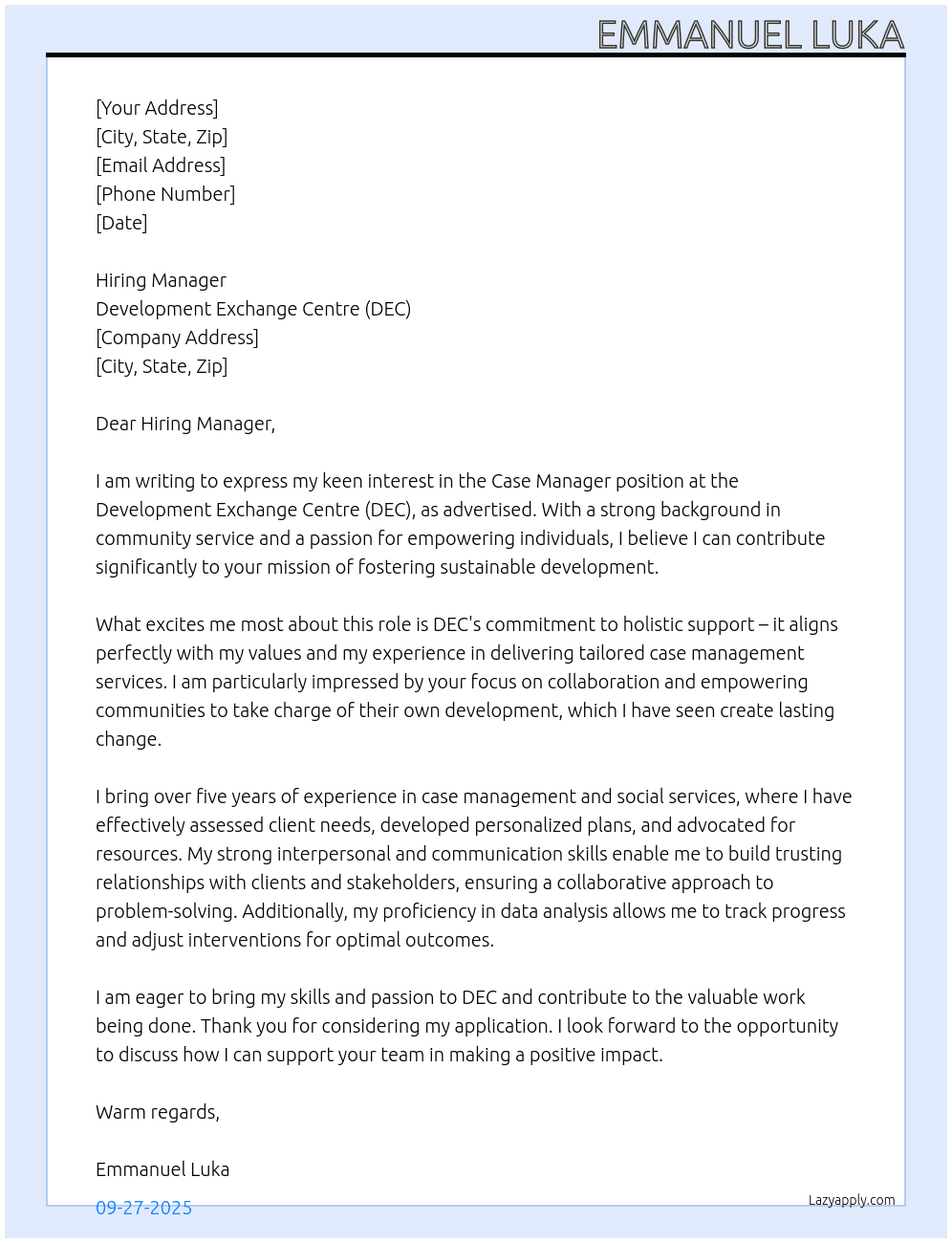 Case Manager At Development exchange centre (DEC) Cover Letter