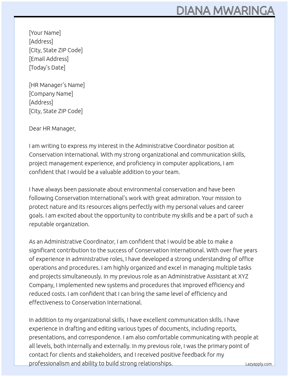 Administrative Coordinator At Conservation International Cover Letter