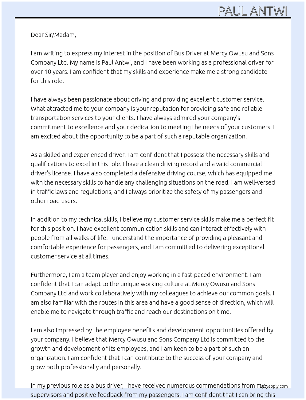 BUS DRIVER At MERCY OWUSU AND SONS COMPANY LTD Cover Letter