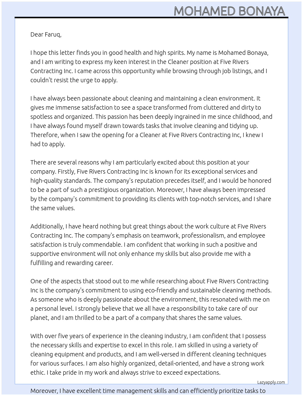 Cleaner At Five Rivers Contracting Inc Cover Letter