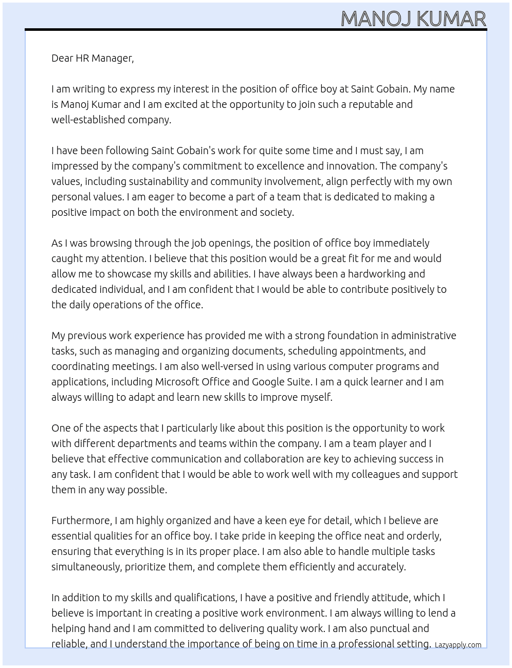 office boy At saint gobain Cover Letter