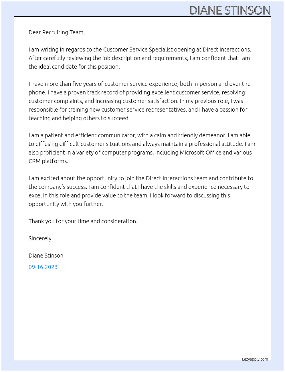 Customer Service Specialist At Direct Interactions Cover Letter