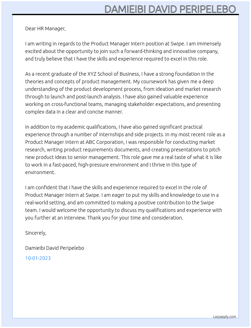 Product Manager Intern At Swipe Cover Letter