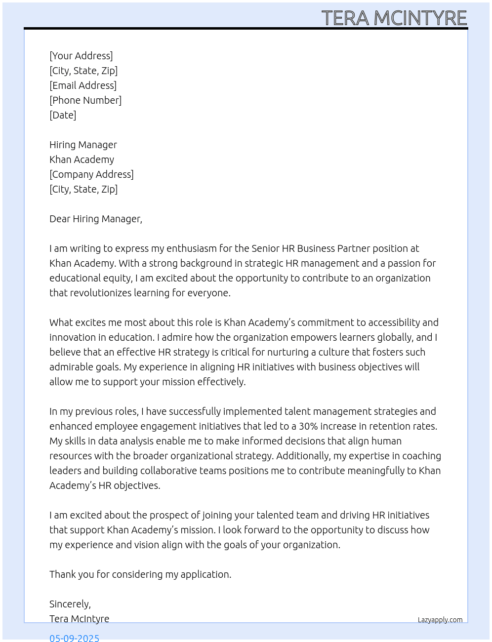 Senior HR Business Partner At Khan Academy Cover Letter