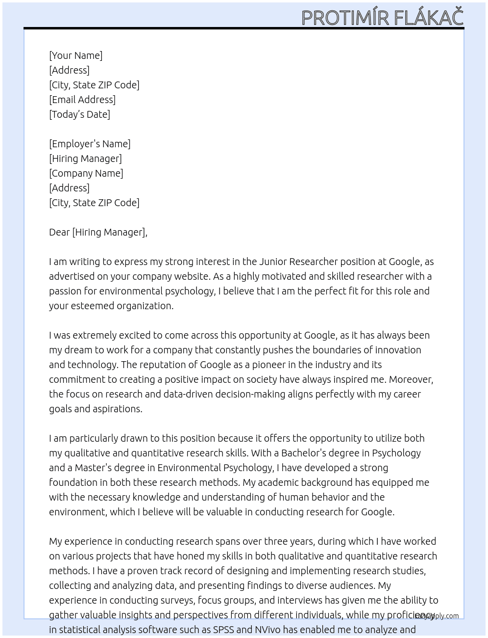 Junior researcher At Google Cover Letter