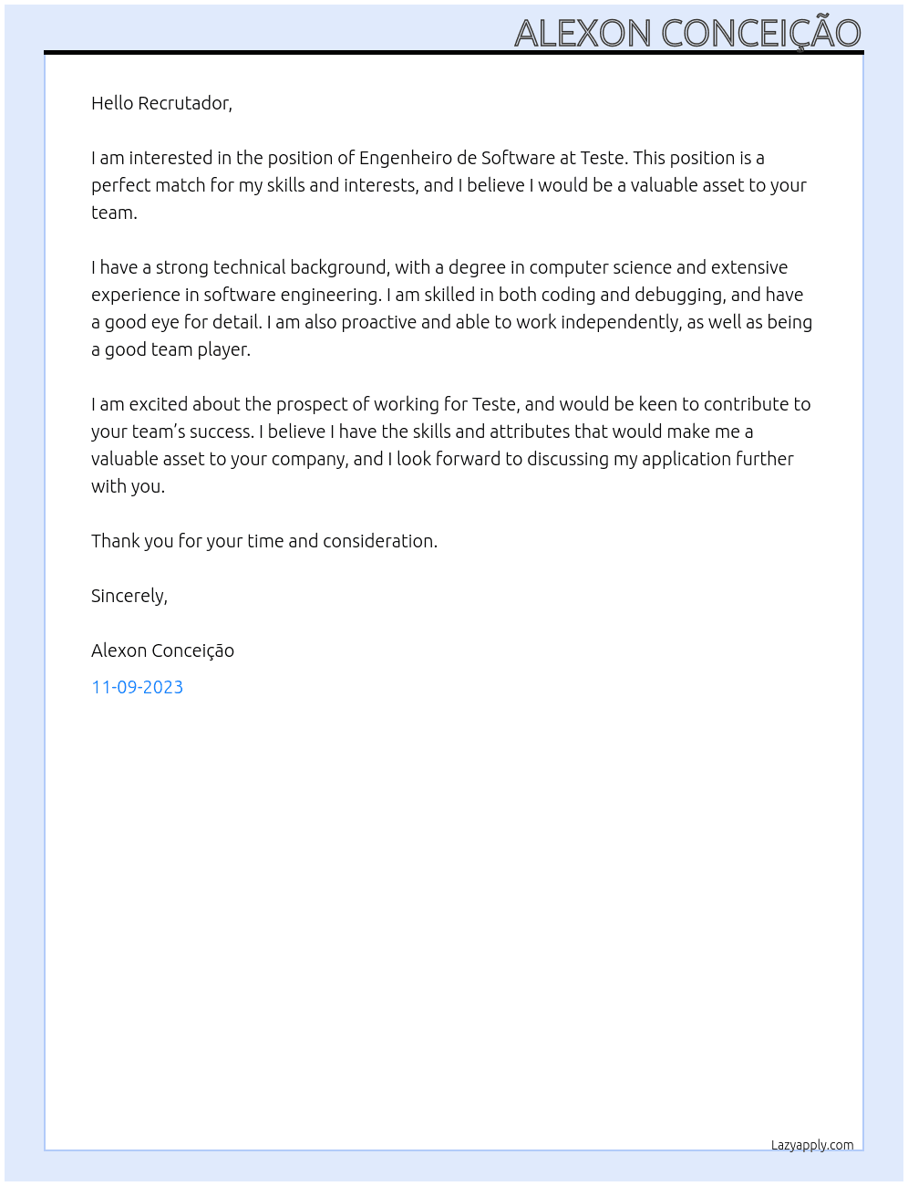 Engenheiro de Software At Teste Cover Letter