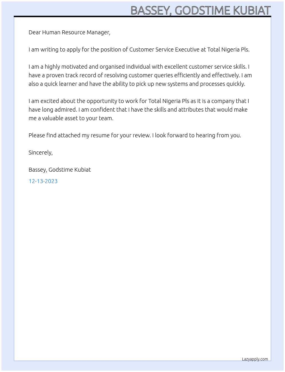 Customer Service Executive  At Total Nigeria Pls Cover Letter