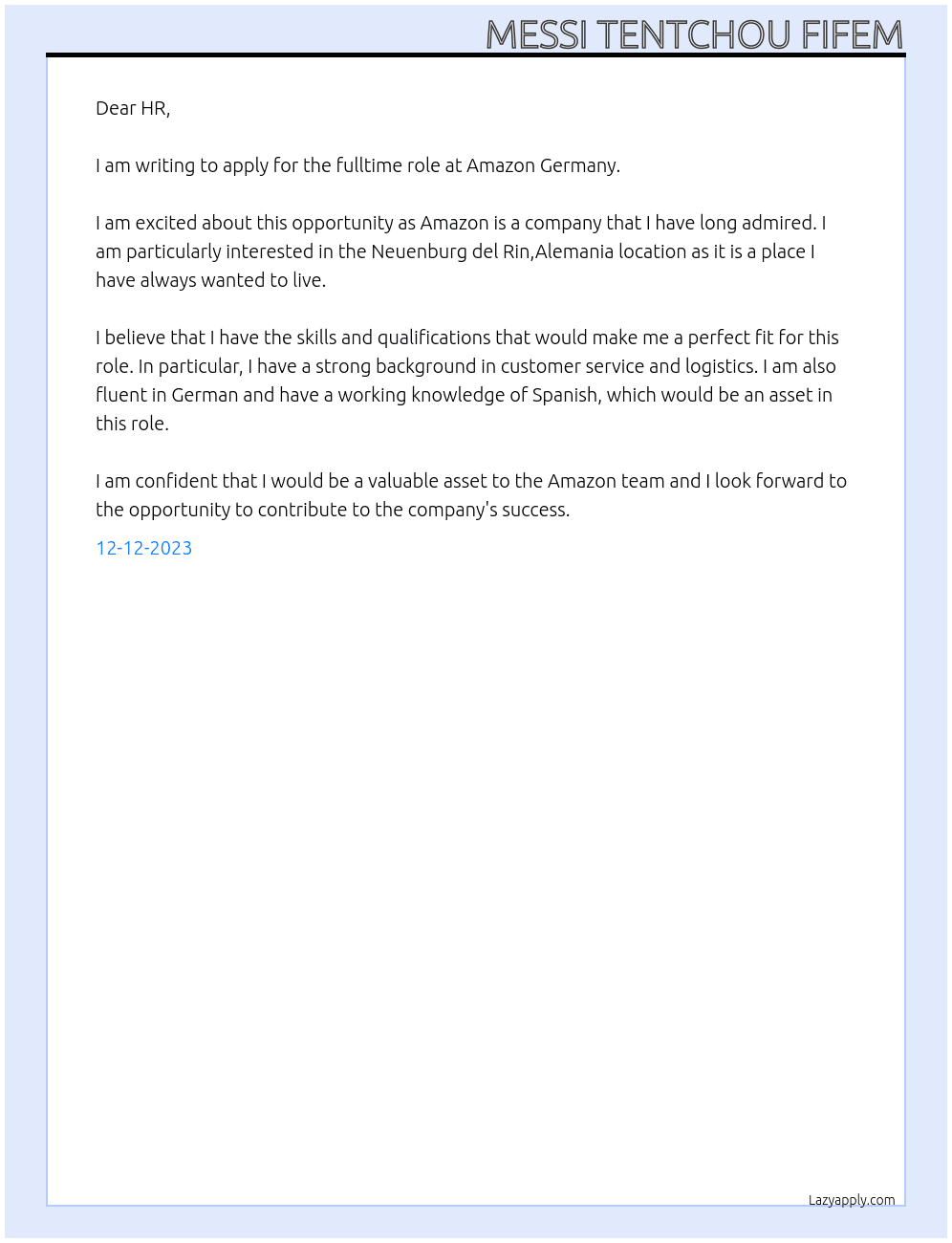 AMAZON At AMAZON GERMANY Cover Letter