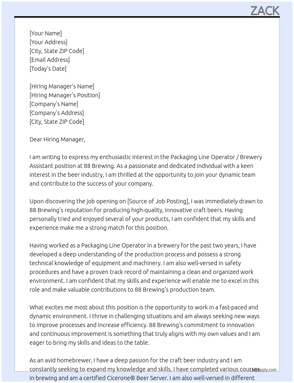 Packaging Line Operator / Brewery Assistant At 88 Brewing  Cover Letter