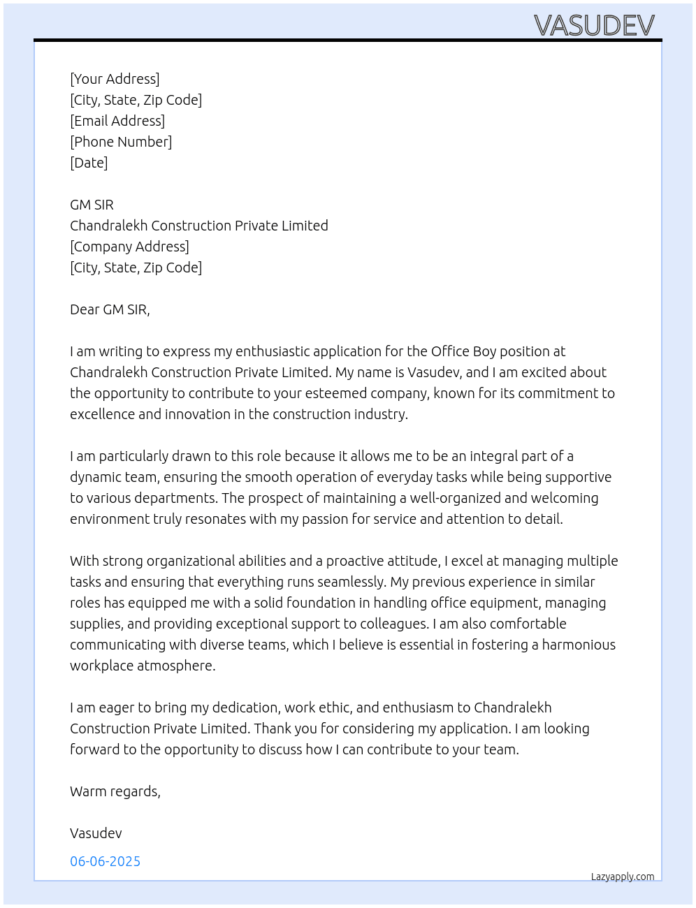 Office boy  At Chandralekh construction private limited Cover Letter