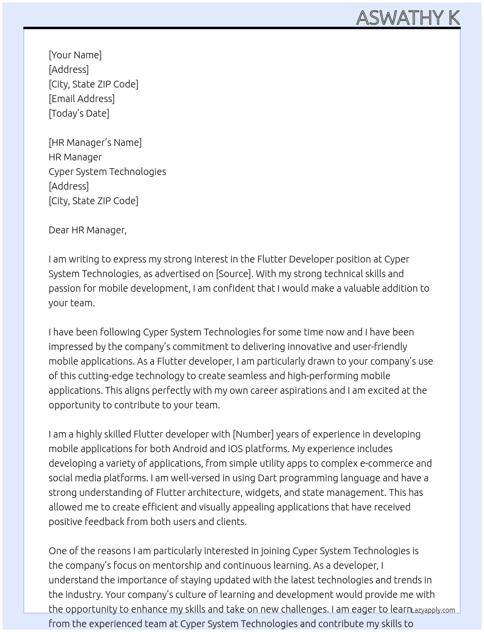 Flutter developer At Cyper system technologies Cover Letter