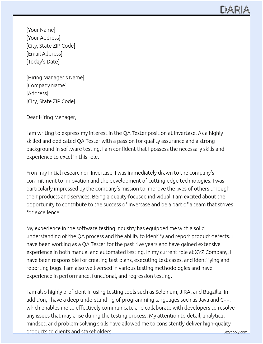 QA Tester At Invertase Cover Letter