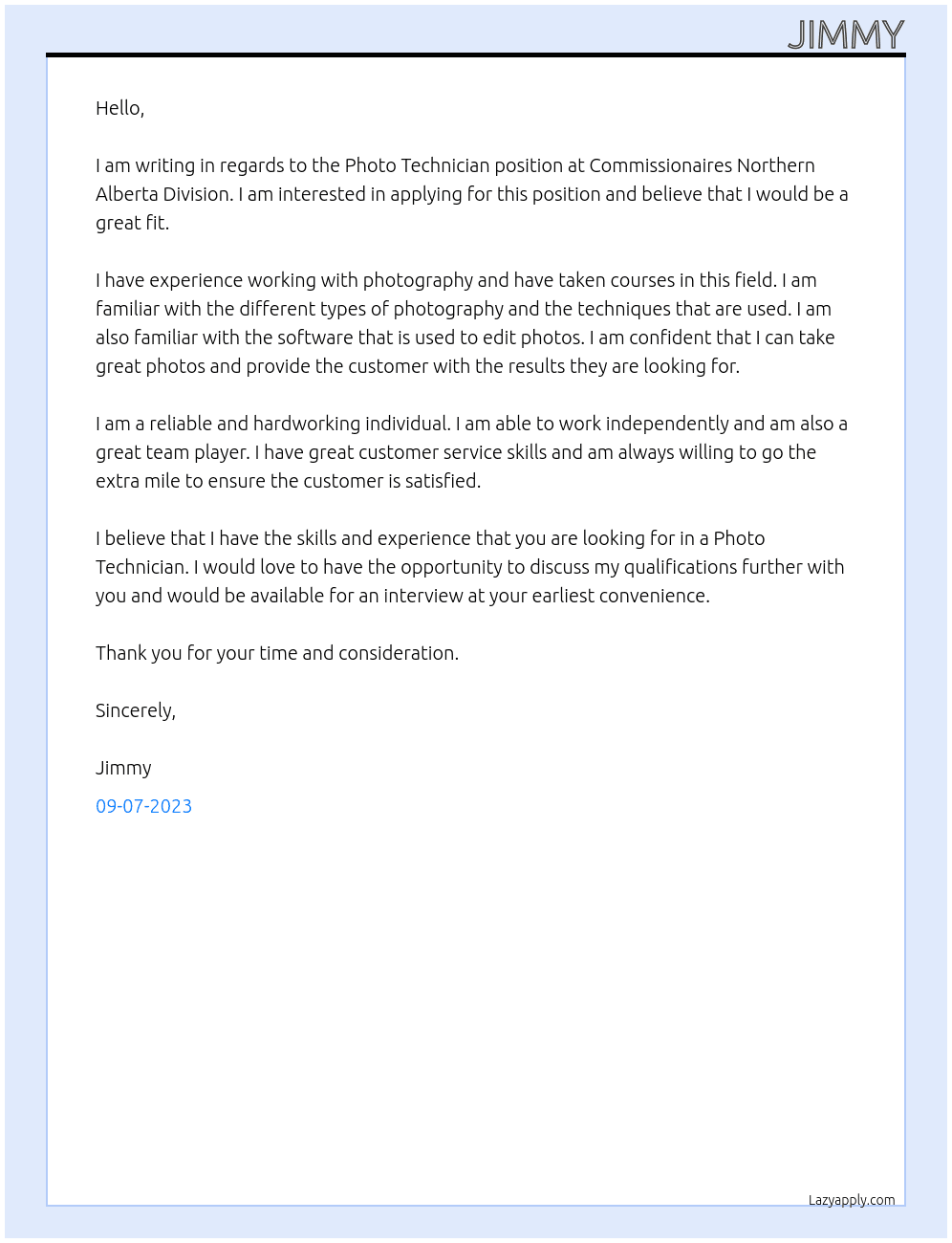 Photo Technician At Commissionaires Northern Alberta Division Cover Letter