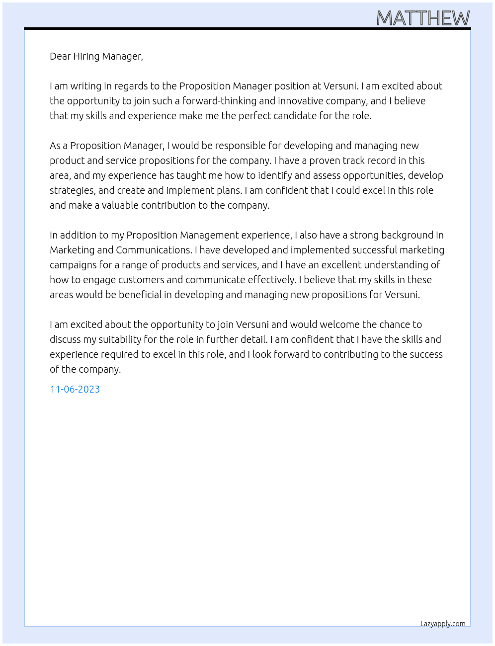 Proposition Manager At Versuni Cover Letter