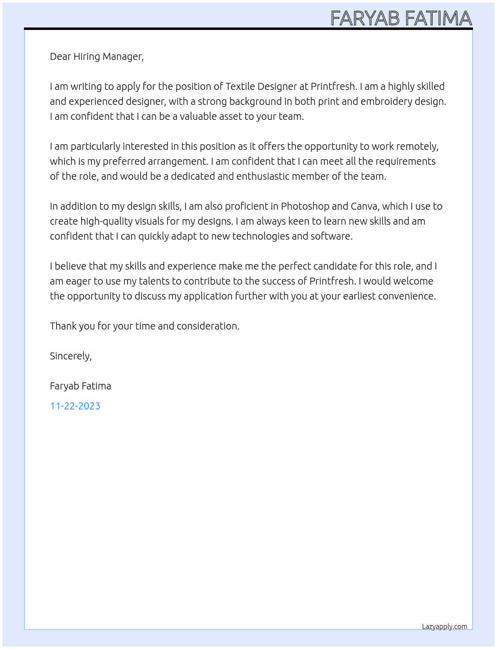 Textile Designer At Printfresh Cover Letter