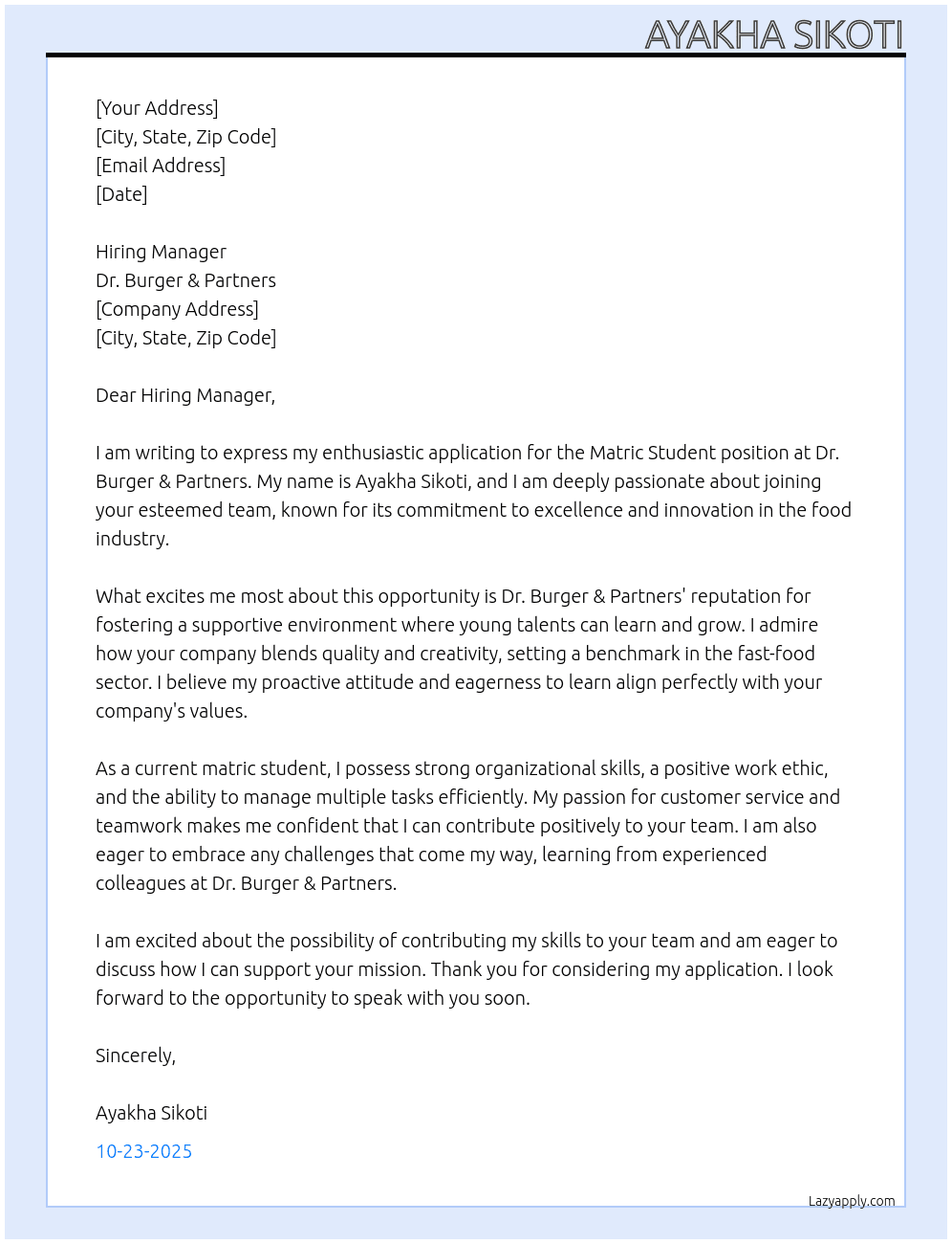 Cover letter for matric student - LazyApply
