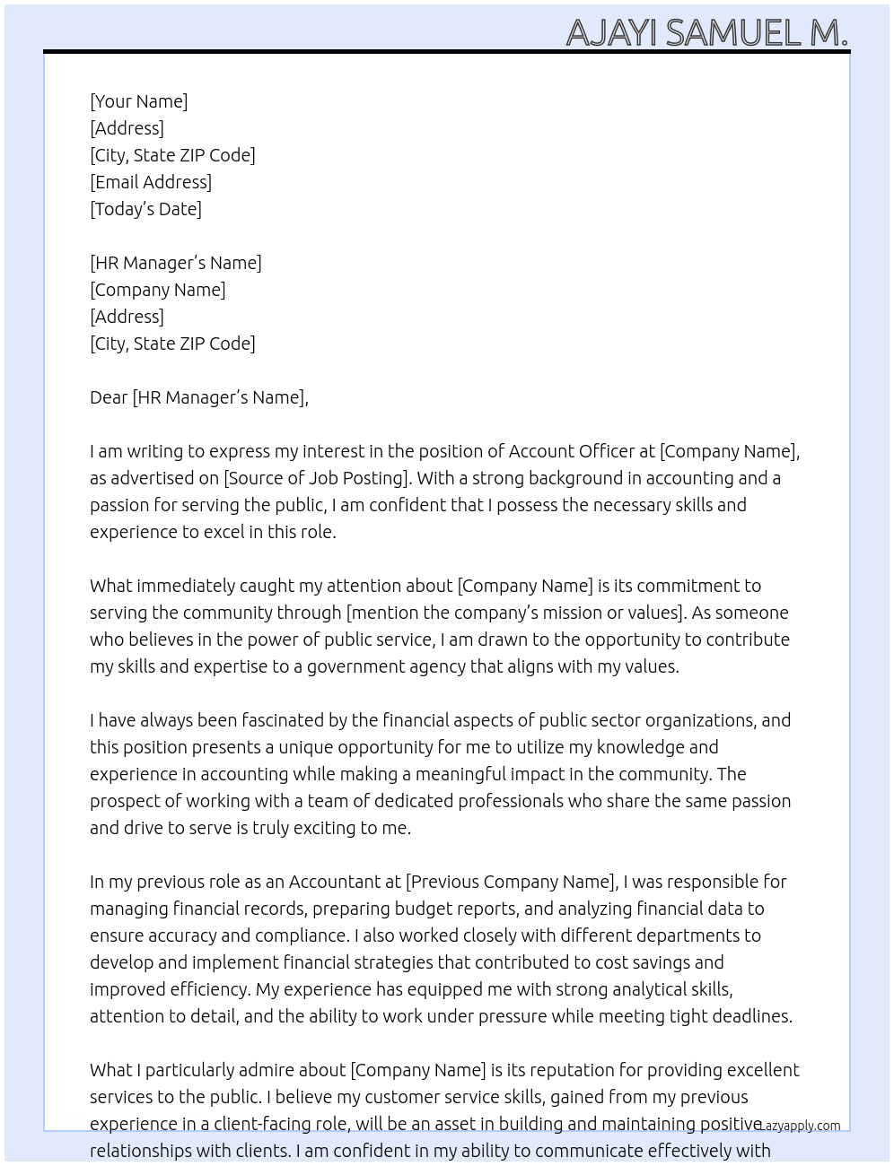 Account officer At Government agency  Cover Letter