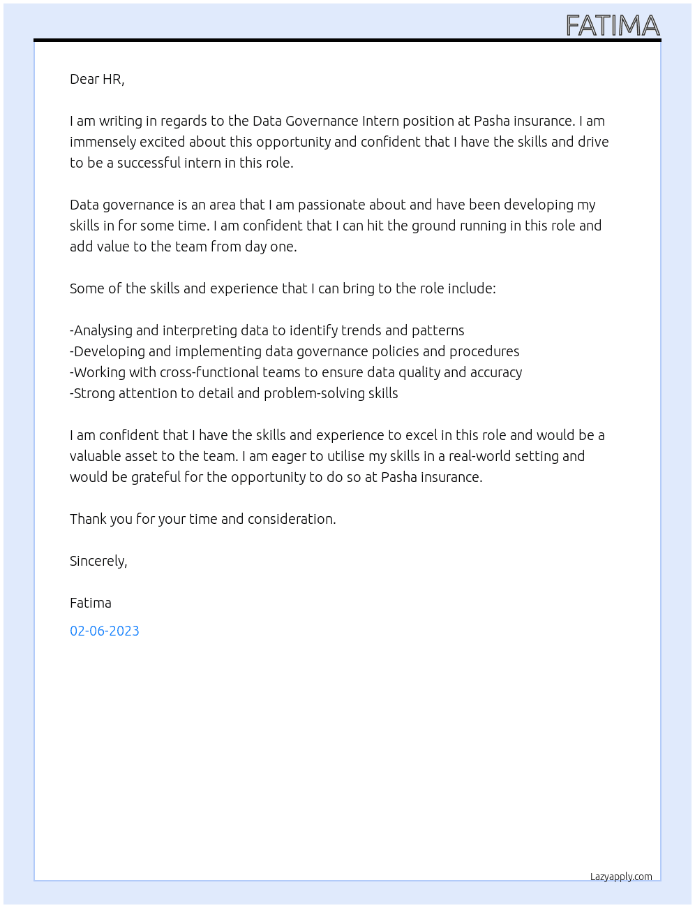 Data Governance Intern  At Pasha insurance  Cover Letter