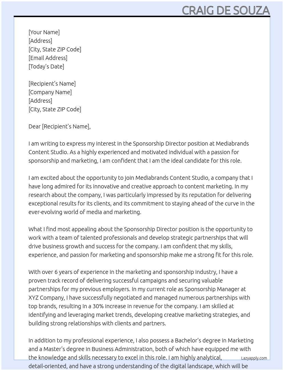 Sponsorship Director At Mediabrands Content Studio Cover Letter