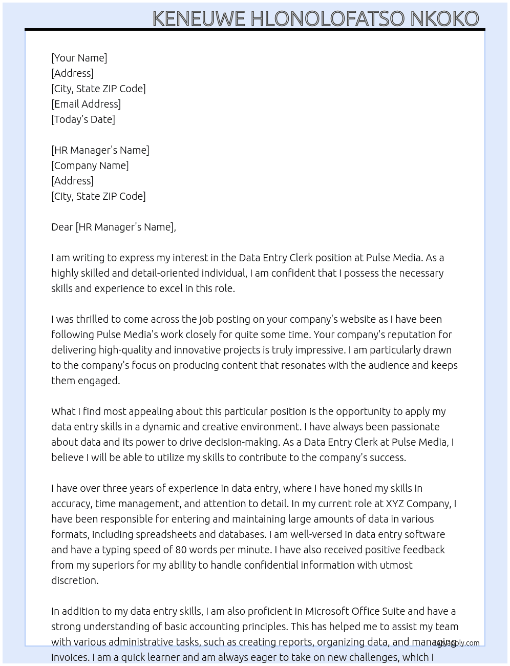 Data entry clerk  At Pulse Media  Cover Letter