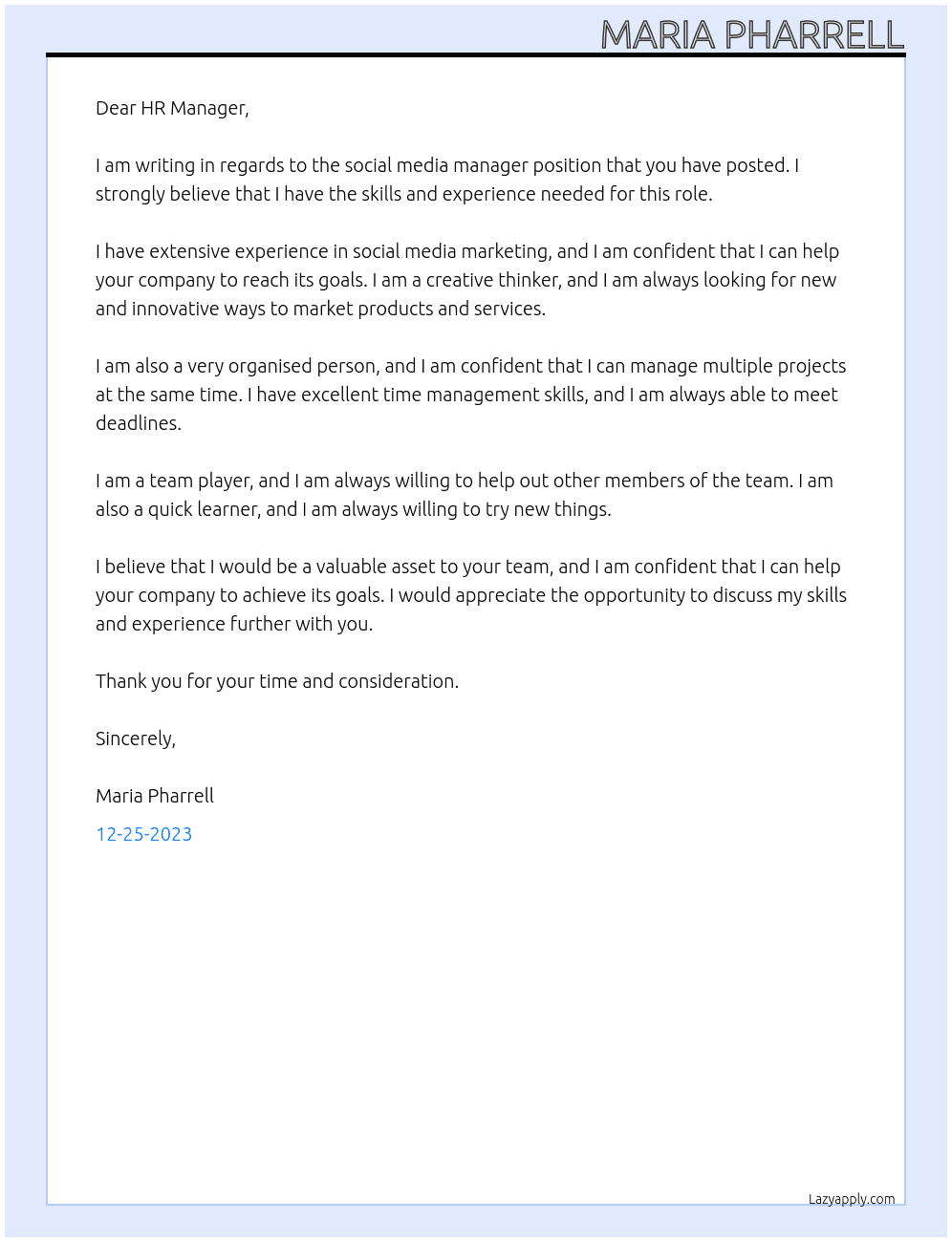 Social media manager At Social media Cover Letter