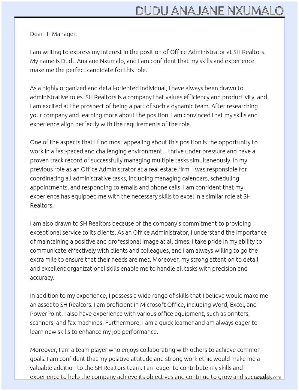 Office Administrator  At SH Realtors Cover Letter