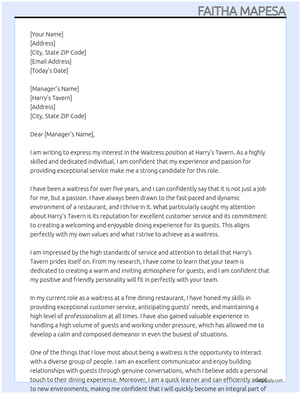waitress At Harrys Tavern  Cover Letter