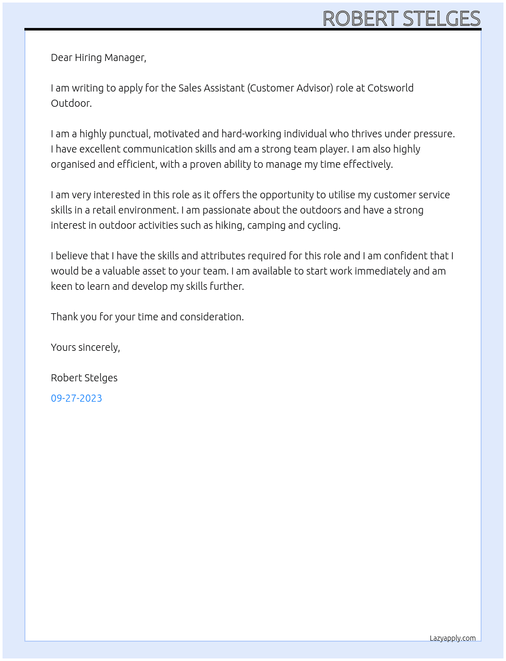 Sales Assistant (Customer Advisor) At Cotsworld Outdoor Cover Letter