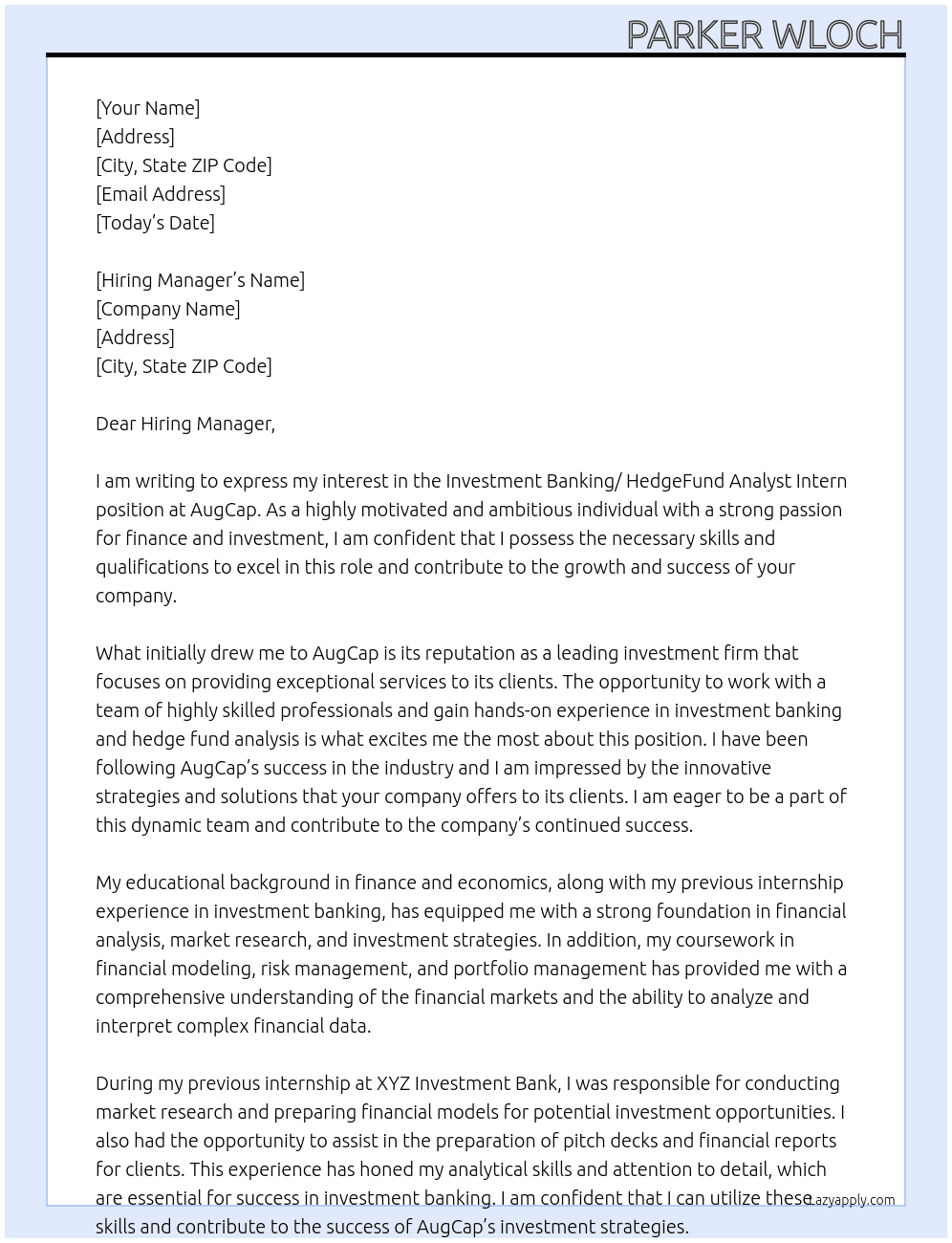 Investment Banking/ HedgeFund Analyst Intern At AugCap Cover Letter
