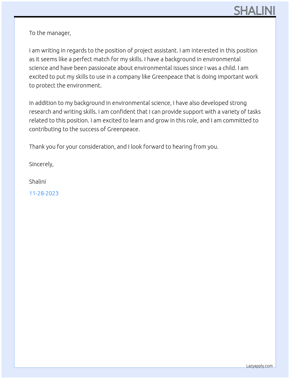 project assistant At greenpeace Cover Letter