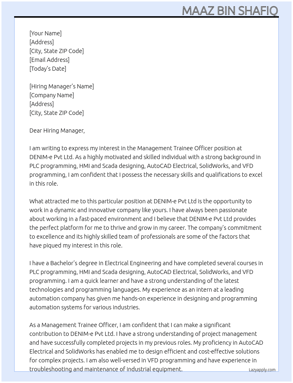 Management Trainee Officer At DENIM-e Pvt Ltd Cover Letter